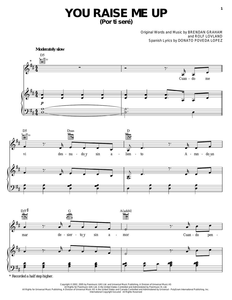 Por Ti Sere (You Raise Me Up) Piano, Vocal, Guitar scores gallery preview page 1