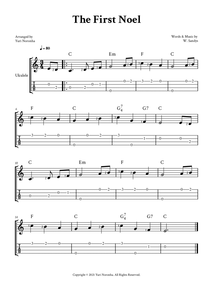 The First Noel - For Ukulele (C Major with TAB) Ukulele scores gallery preview page 1