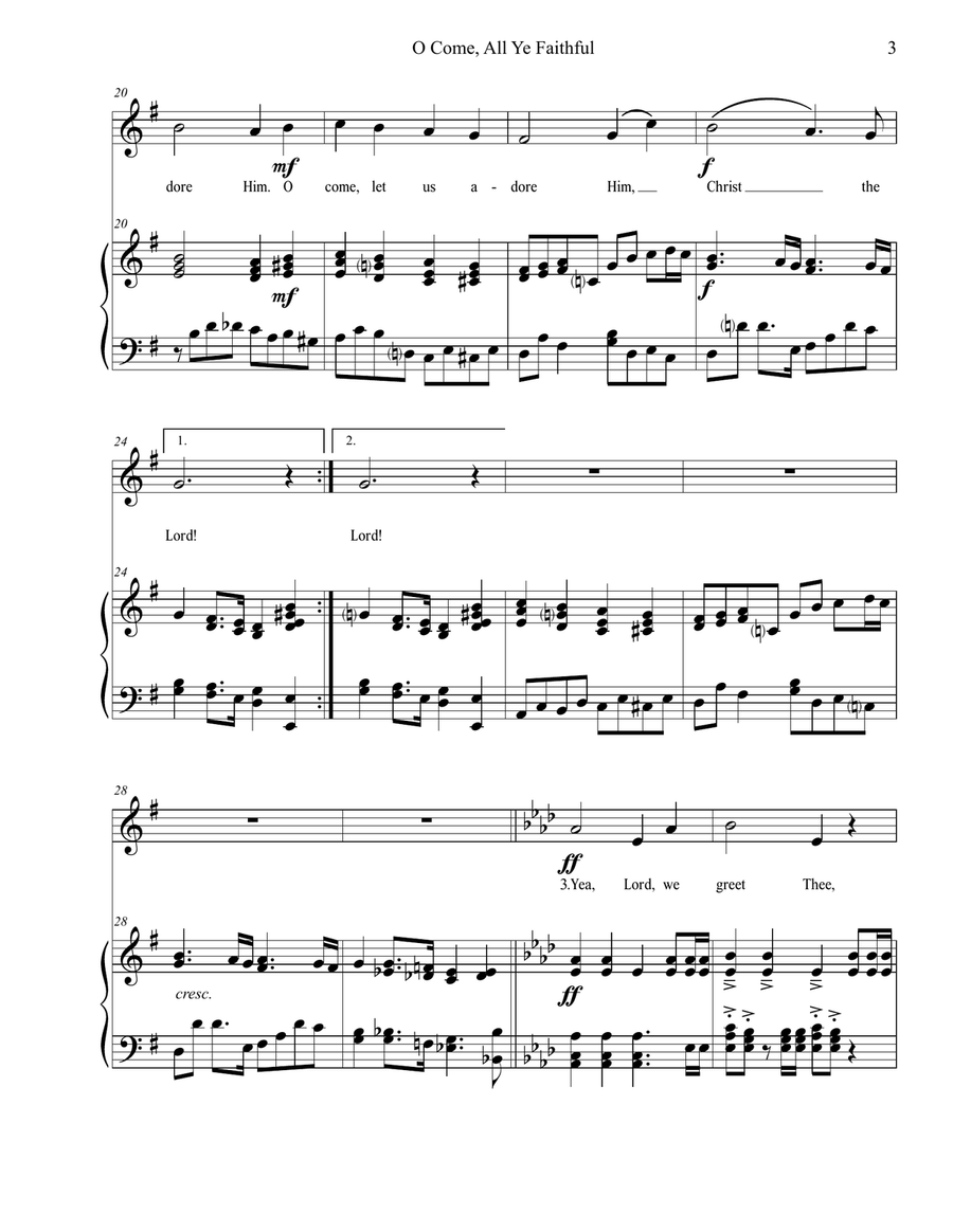 O Come, All Ye Faithful (soprano vocal solo or unison, with piano accompaniment) Unison Choir scores gallery preview page 3