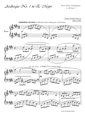 Arabesque no. 1 (Debussy) L. 66 no. 1 in E major - with note names and definition of terms