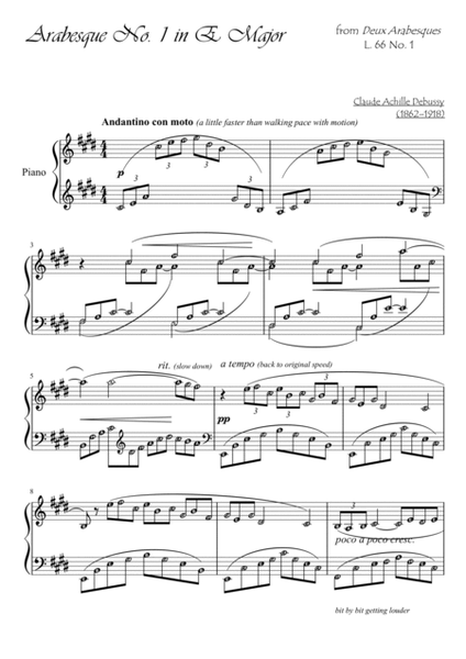 Arabesque no. 1 (Debussy) L. 66 no. 1 in E major - with note names and definition of terms image number null