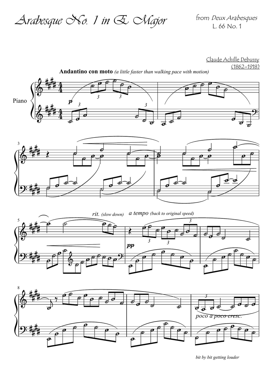 Arabesque no. 1 (Debussy) L. 66 no. 1 in E major - with note names and definition of terms Arabesque no. 1 (Debussy) L. 66 no. 1 in E major - with note names and definition of terms Piano Method scores gallery preview page 1