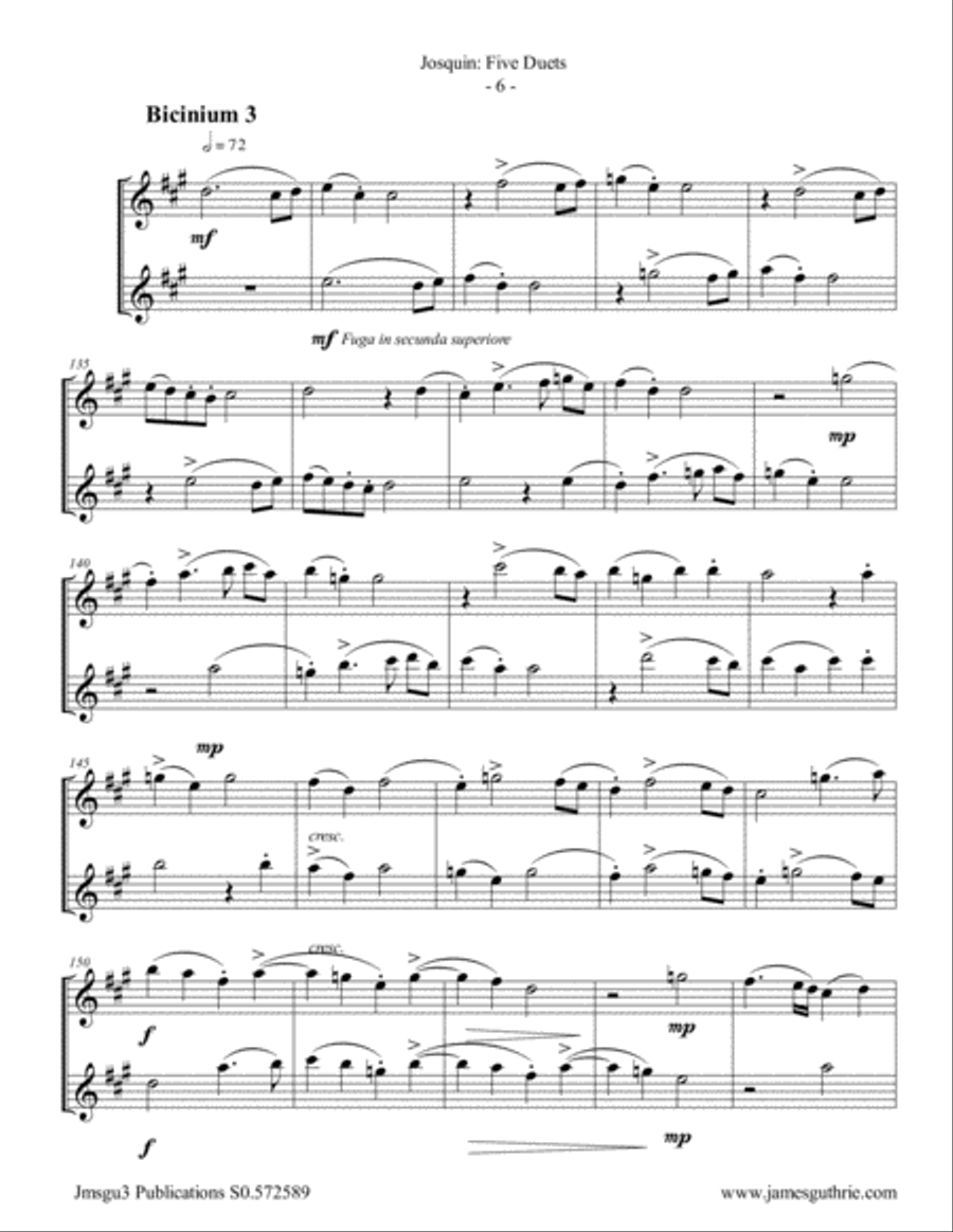 Josquin: Five Duets for Eb Sax Duo Woodwind Duet scores gallery preview page 6