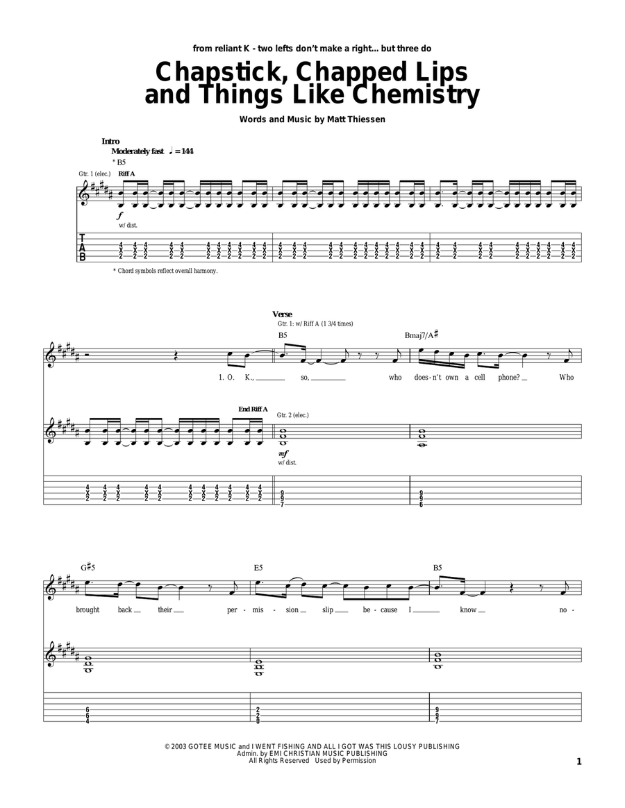 Chapstick, Chapped Lips And Things Like Chemistry Guitar Tablature scores gallery preview page 1