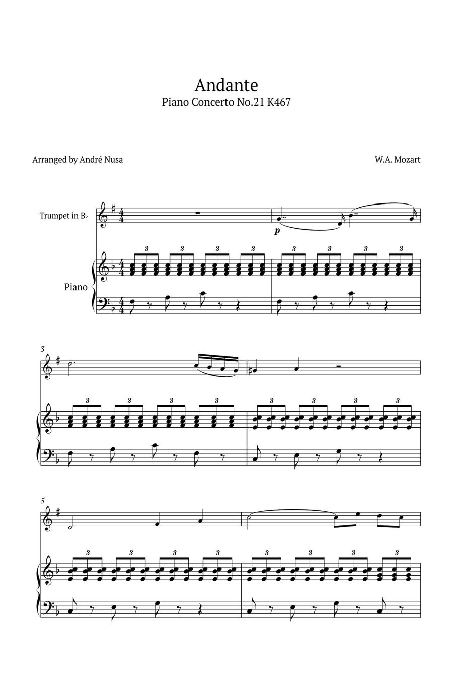 Piano Concerto No.21 Andante Chamber Music scores gallery preview page 1