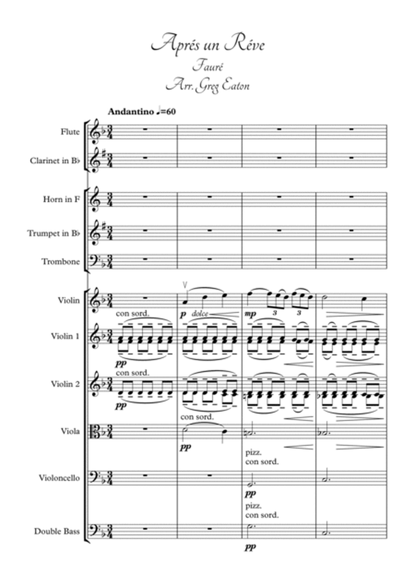 Fauré - Aprés un Réve - Arranged for solo violin, small wind section and strings. Great for schoo image number null