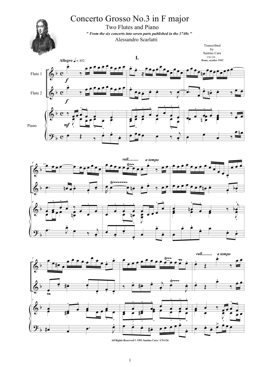 Scarlatti A - Concerto Grosso no.3 in F major - Two Flutes and piano Flute Duet scores gallery preview page 1