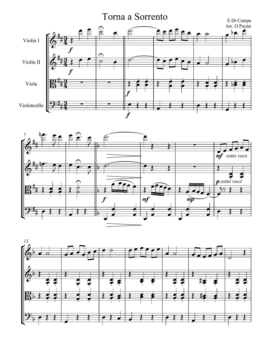 Torna a Sorrento for String Quartet String Quartet scores gallery preview page 1
