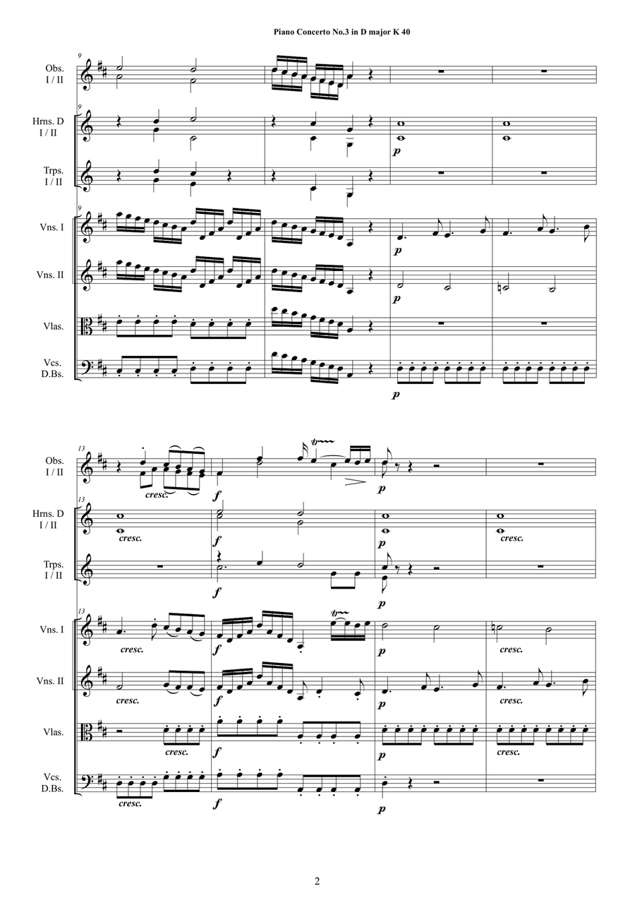 Mozart - Piano Concerto No.3 in D major K 40 for Piano solo and Orchestra - Score and Parts String Orchestra scores gallery preview page 2