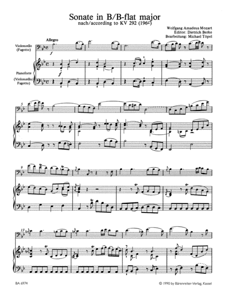 Sonata according to K. 292 (196 c) for Violoncello (Fagott) und Klavier oder fur zwei Bassinstrumente (Celli, Fagotte) B flat major