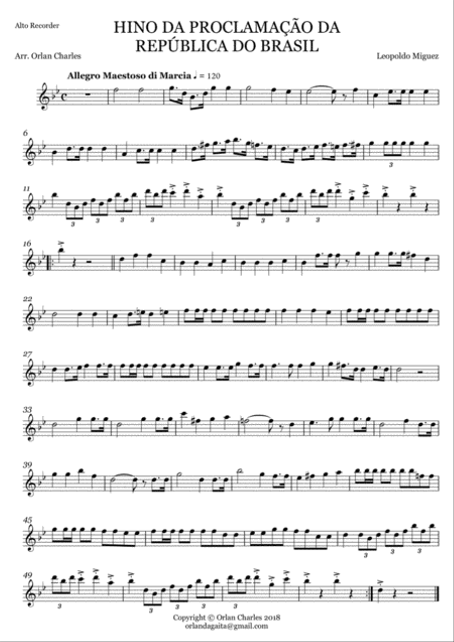 Hino da Proclamação da República do Brasil (Hymn to the Proclamation of the Republic of Brazil) Recorder scores gallery preview page 5