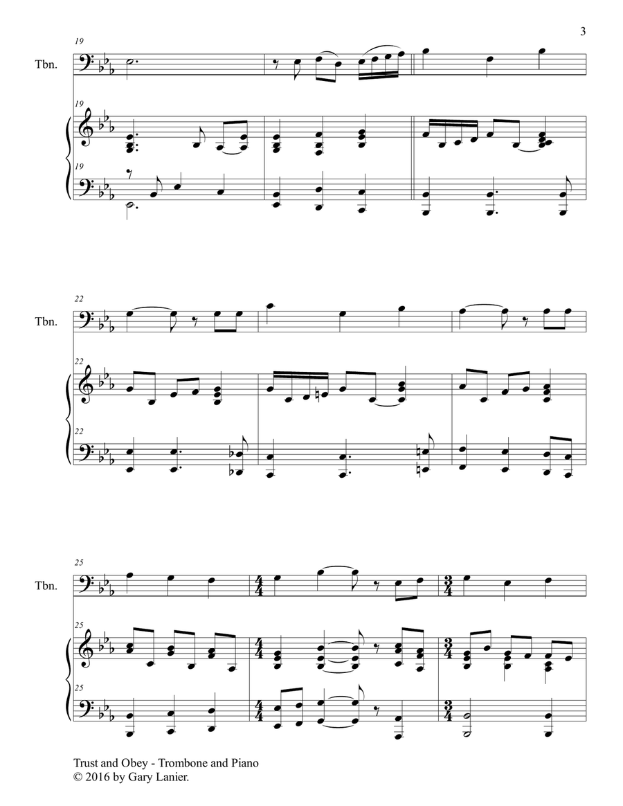 Gary Lanier: TRUST AND OBEY (Duet – Trombone & Piano with Parts) Trombone Duet scores gallery preview page 4