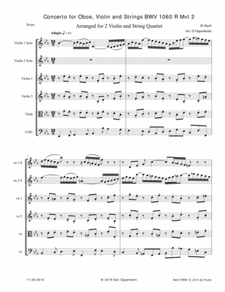 Bach: Concerto for Oboe, Violin and Strings BWV 1060 R arr. for 2 Violins and String Quartet - Mvt 2
