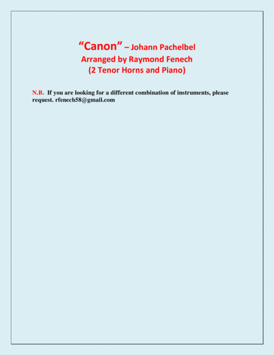 Canon - Johann Pachebel - 2 Tenor Horns in E Flat and Piano - Intermediate/Advanced Intermediate lev image number null