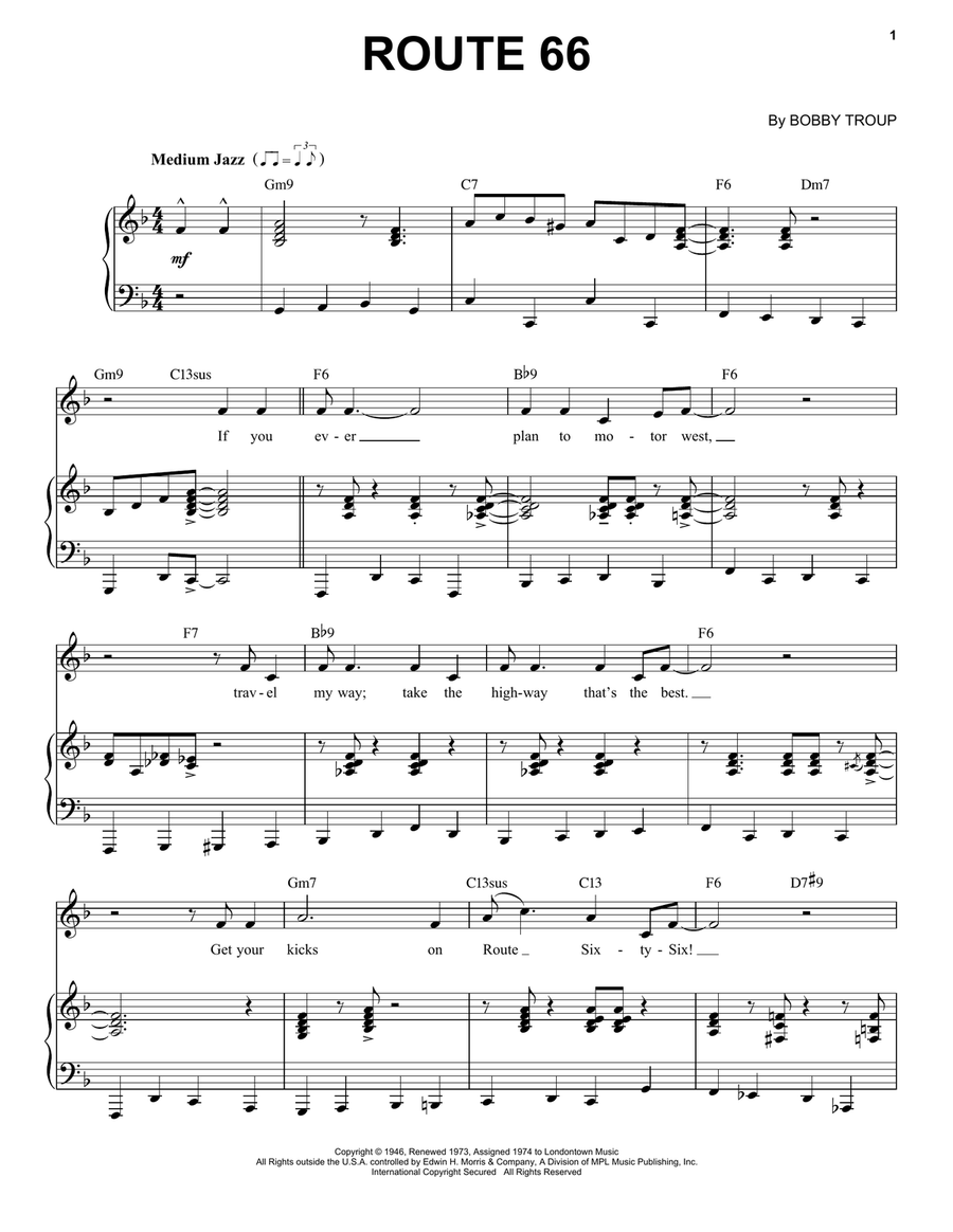 Route 66 [Jazz version] (arr. Brent Edstrom) High Voice scores gallery preview page 1