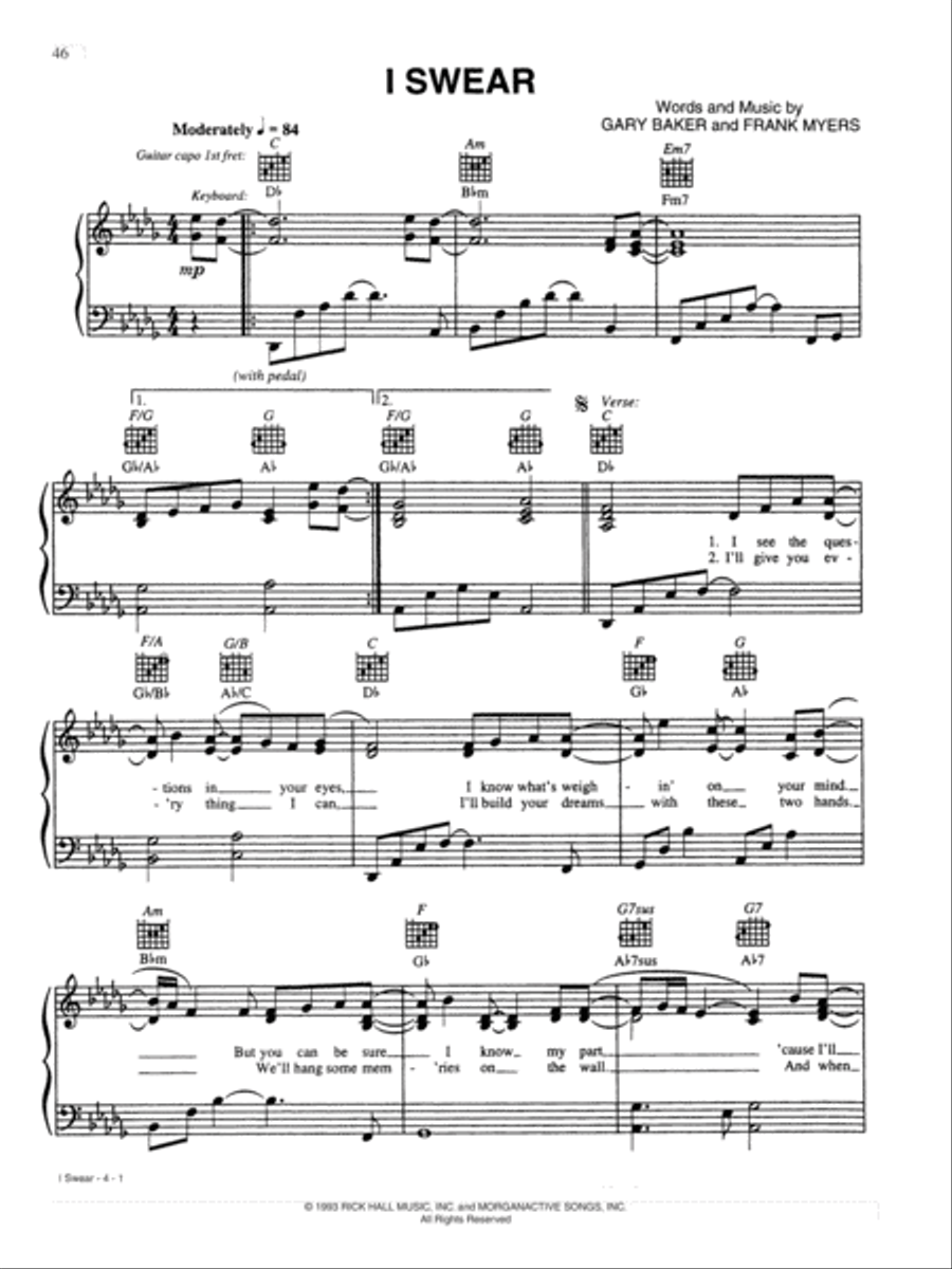 I Swear Piano, Vocal, Guitar scores gallery preview page 1