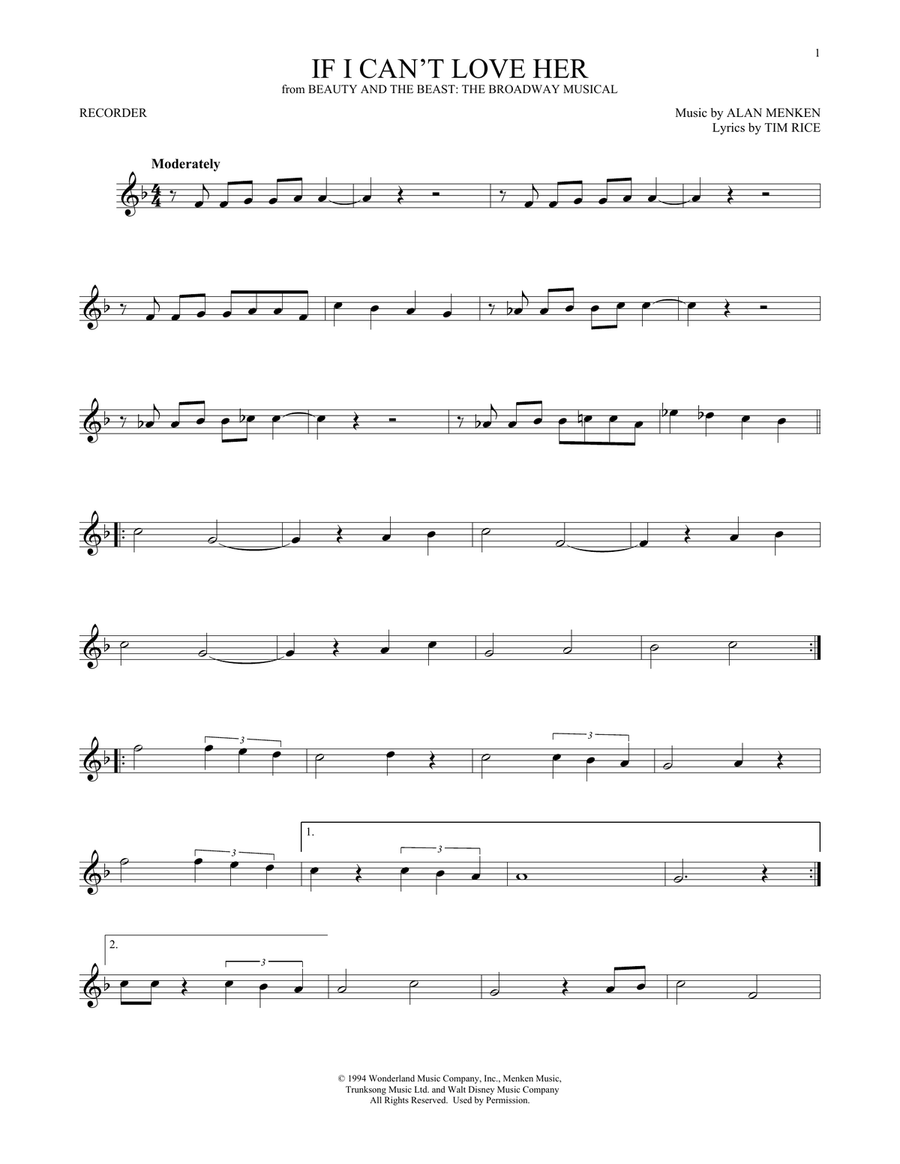 If I Can't Love Her (from Beauty And The Beast: The Musical) Recorder scores gallery preview page 1