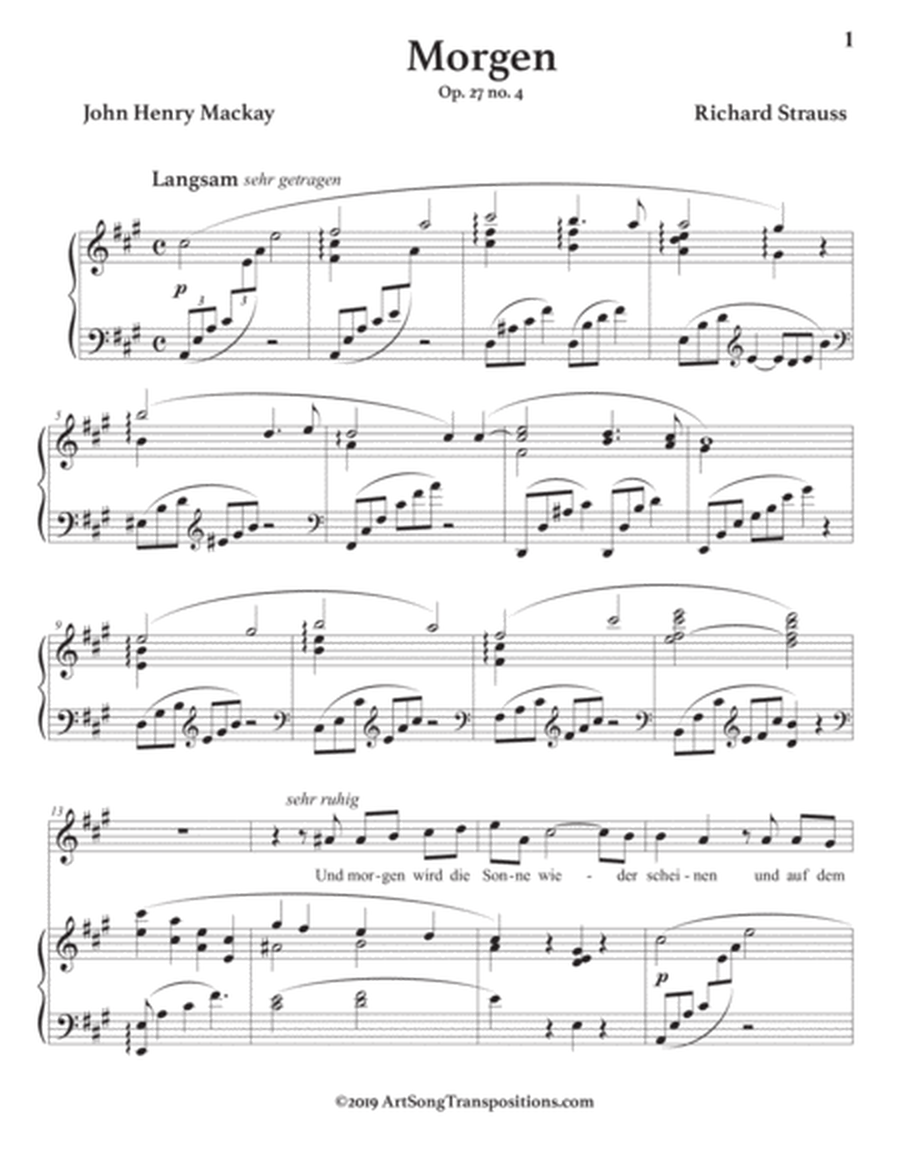 STRAUSS: Morgen, Op. 27 no. 4 (in 10 keys: A, A-flat, G, G-flat, F, E, E-flat, D, D-flat, C major)