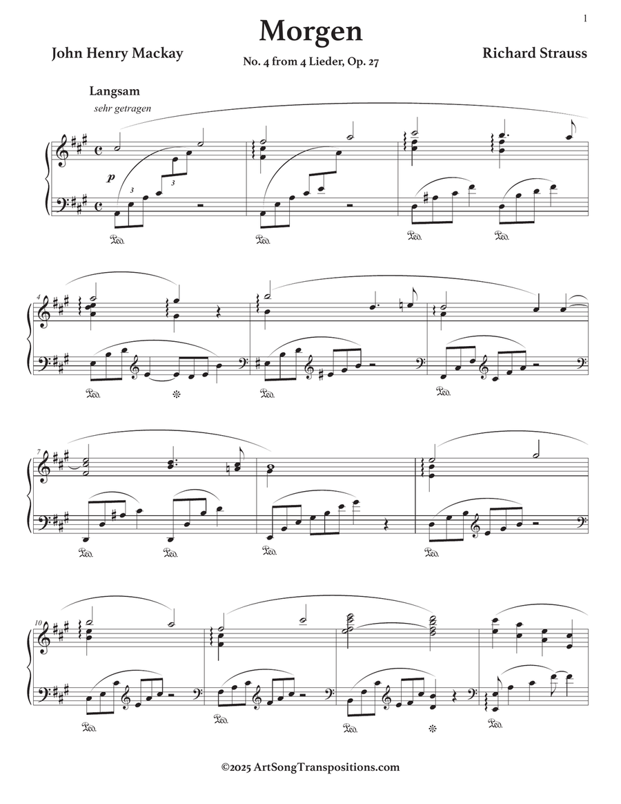 STRAUSS: Morgen, Op. 27 no. 4 (in 10 keys: A, A-flat, G, G-flat, F, E, E-flat, D, D-flat, C major)