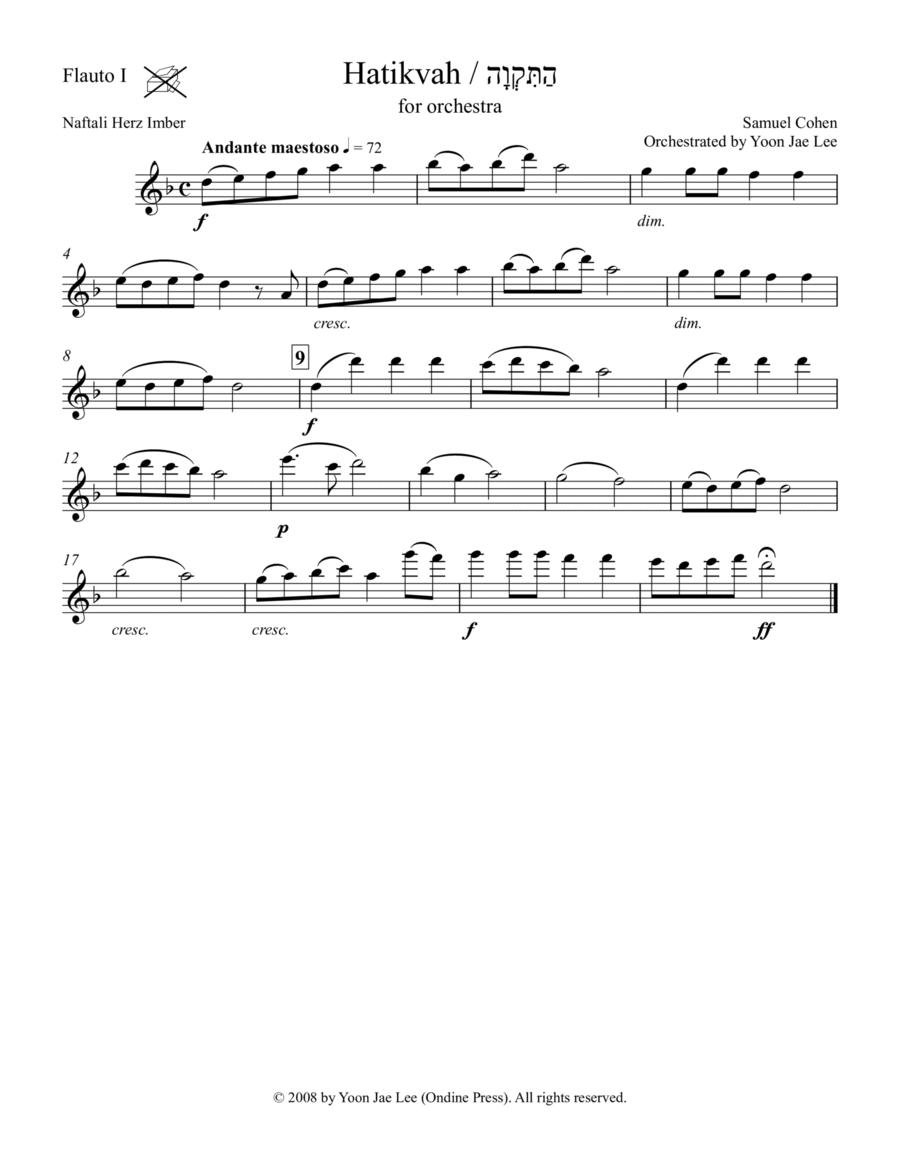 Hatikvah (Israeli National Anthem) for Orchestra (arr. Lee), Set of Parts image number null