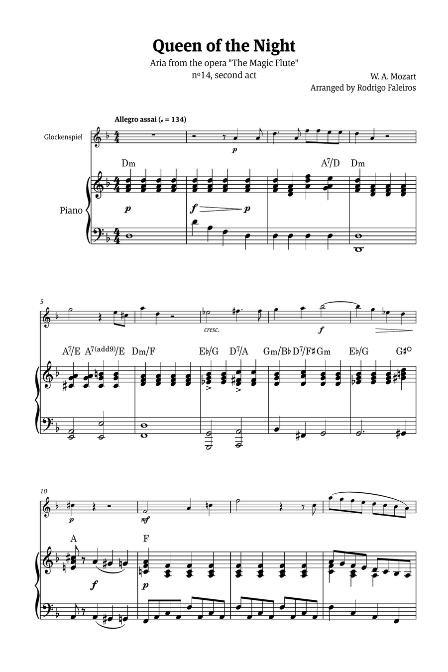 Queen of the Night - for solo glockenspiel (with piano and chords) Chamber Music scores gallery preview page 1