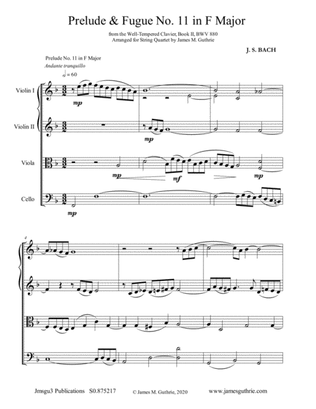BACH: Prelude & Fugue No. 11 in F Major, BWV 880 for String Quartet