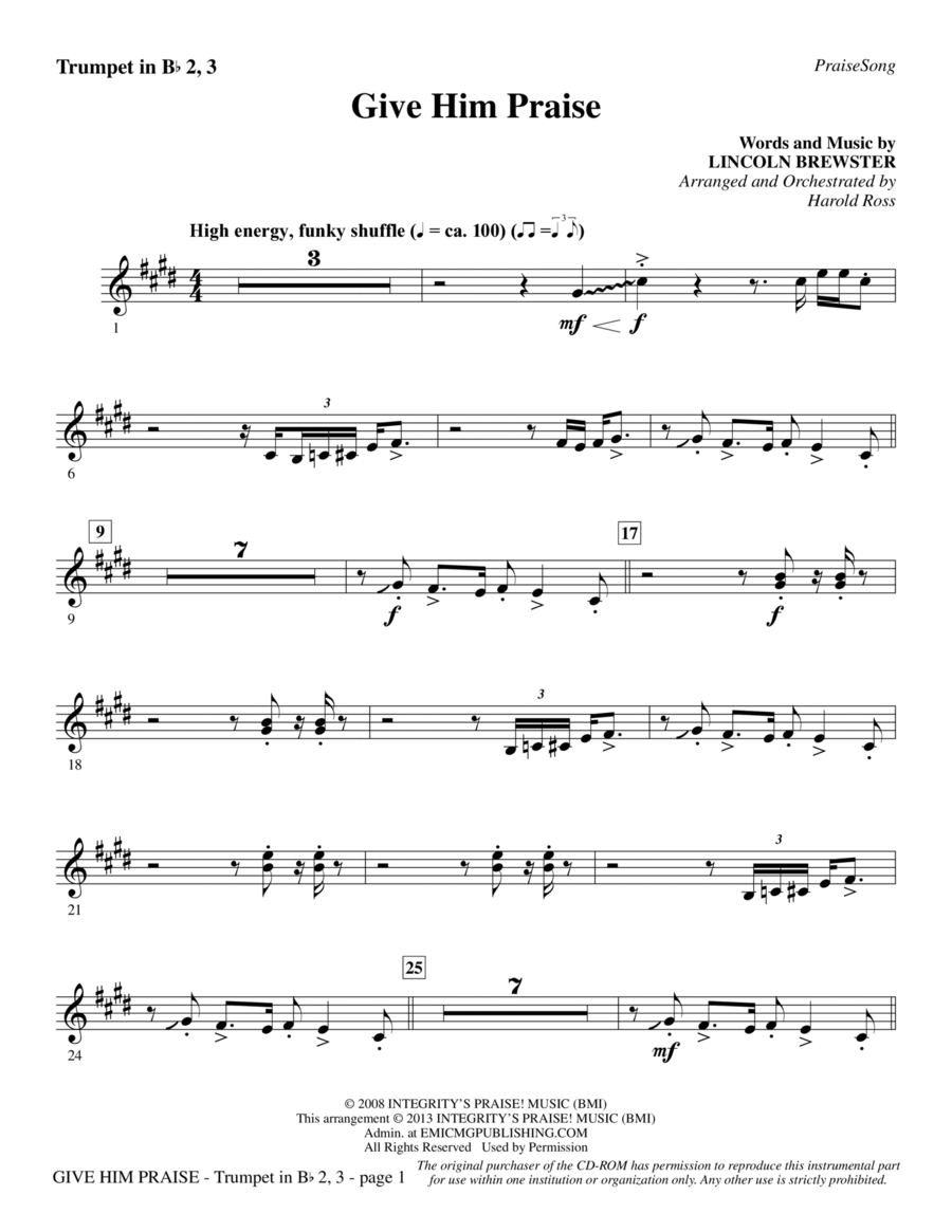 Give Him Praise - Bb Trumpet 2,3 Choir scores gallery preview page 1