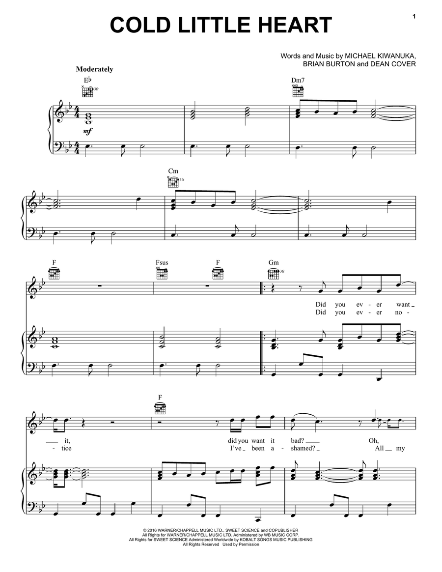 Cold Little Heart (theme from Big Little Lies) Piano, Vocal, Guitar scores gallery preview page 1