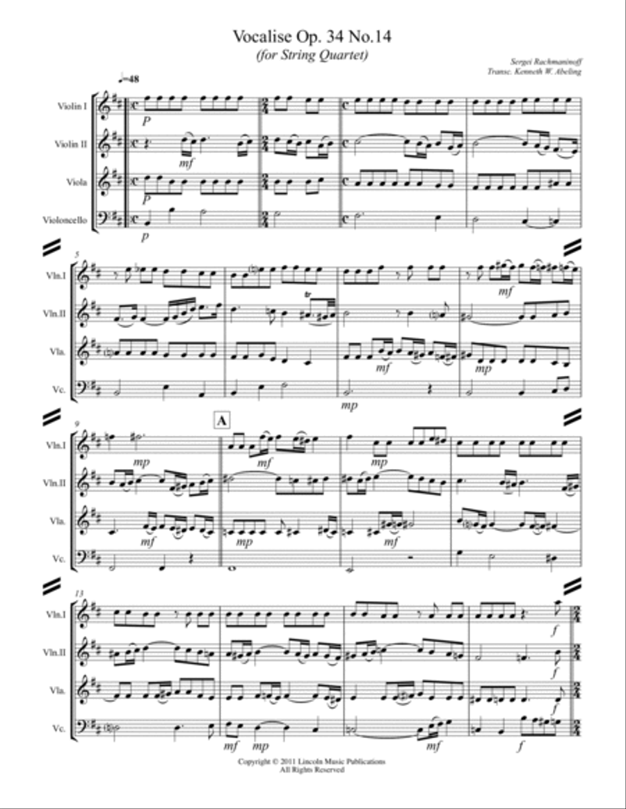 Rachmaninoff - Vocalise Op. 34 No.14 (for String Quartet) String Quartet scores gallery preview page 2