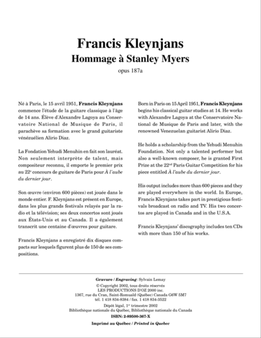 Hommage à Stanley Myers, opus 187a Guitar Ensemble scores gallery preview page 1