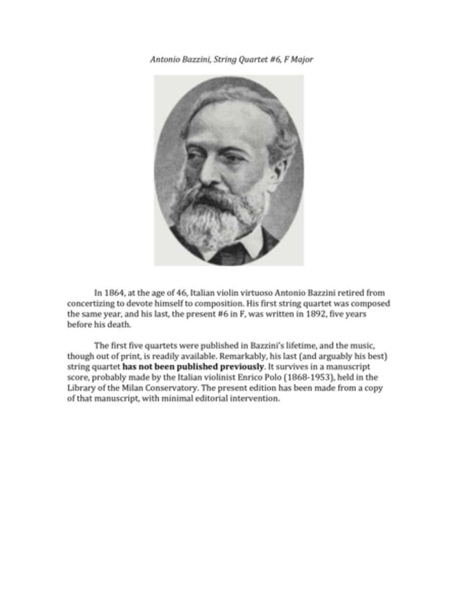 BAZZINI, Antonio -- String Quartet #6, F Major String Quartet scores gallery preview page 1