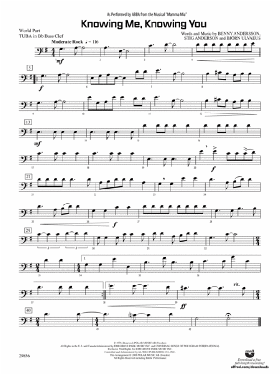 Knowing Me, Knowing You (As performed by ABBA from the musical Mamma Mia): (World Part) B-flat Tuba B.C. Concert Band scores gallery preview page 1
