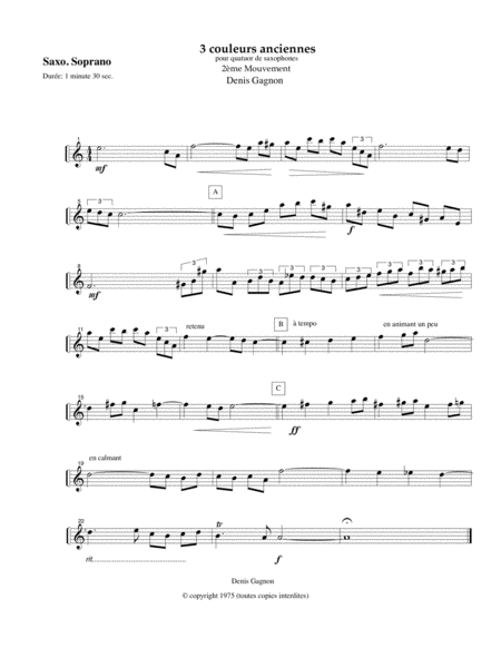 Trois couleurs anciennes (2e mouvement) pour Quatuor de saxophones (Score et 4 partitions SATB) image number null