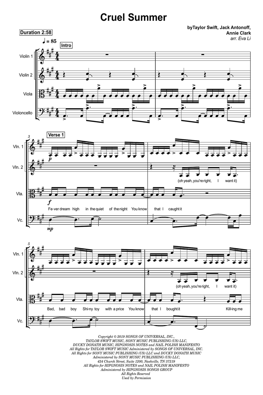 Cruel Summer Cruel Summer String Quartet scores gallery preview page 1