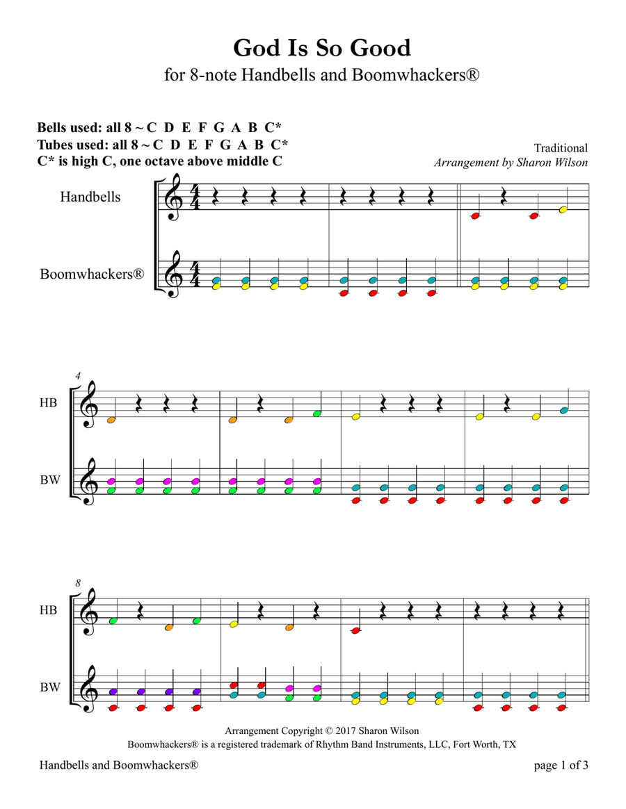 God Is So Good (for 8-note Bells and Boomwhackers with Color Coded Notes) Handbell Choir scores gallery preview page 5