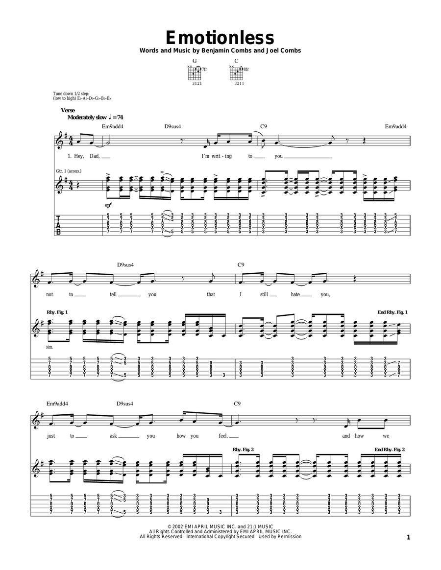 Emotionless Guitar Tablature scores gallery preview page 1