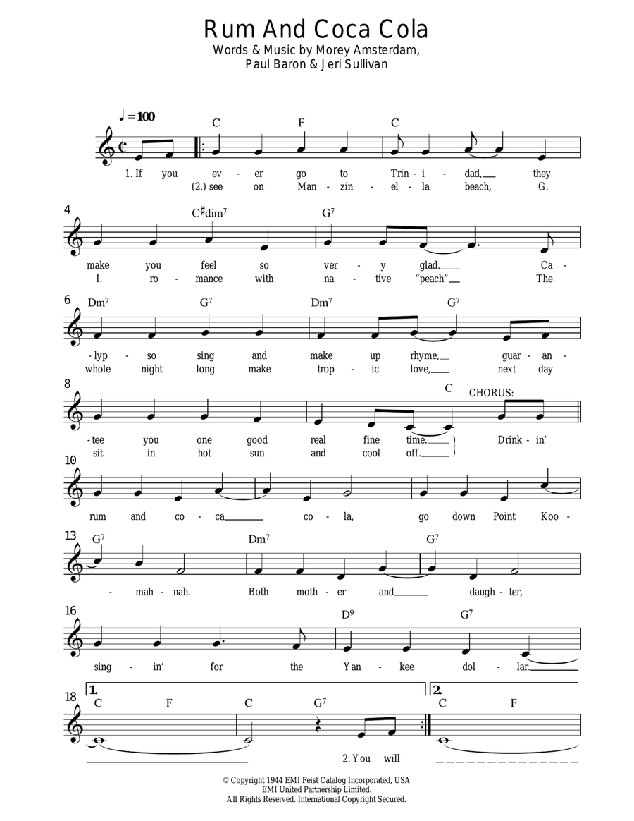 Rum And Coca-Cola Piano scores gallery preview page 1