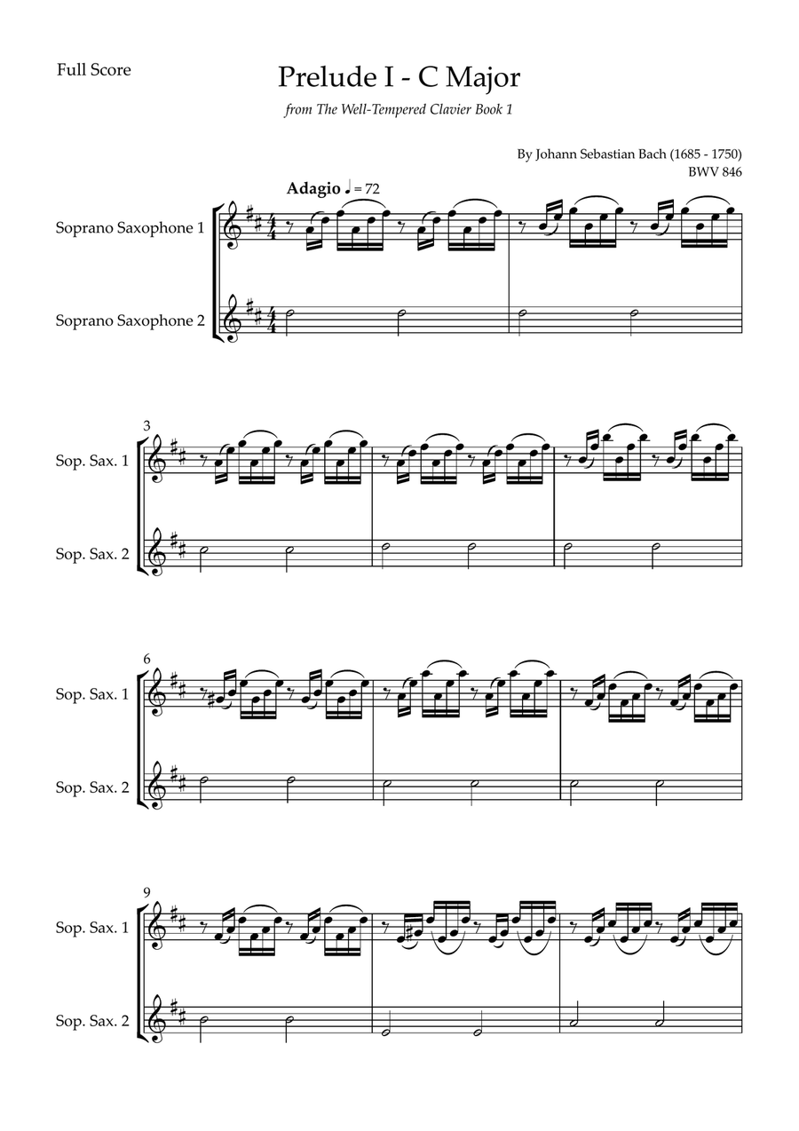 Prelude 1 in C Major BWV 846 (from Well-Tempered Clavier Book 1) for Soprano Saxophone Duo