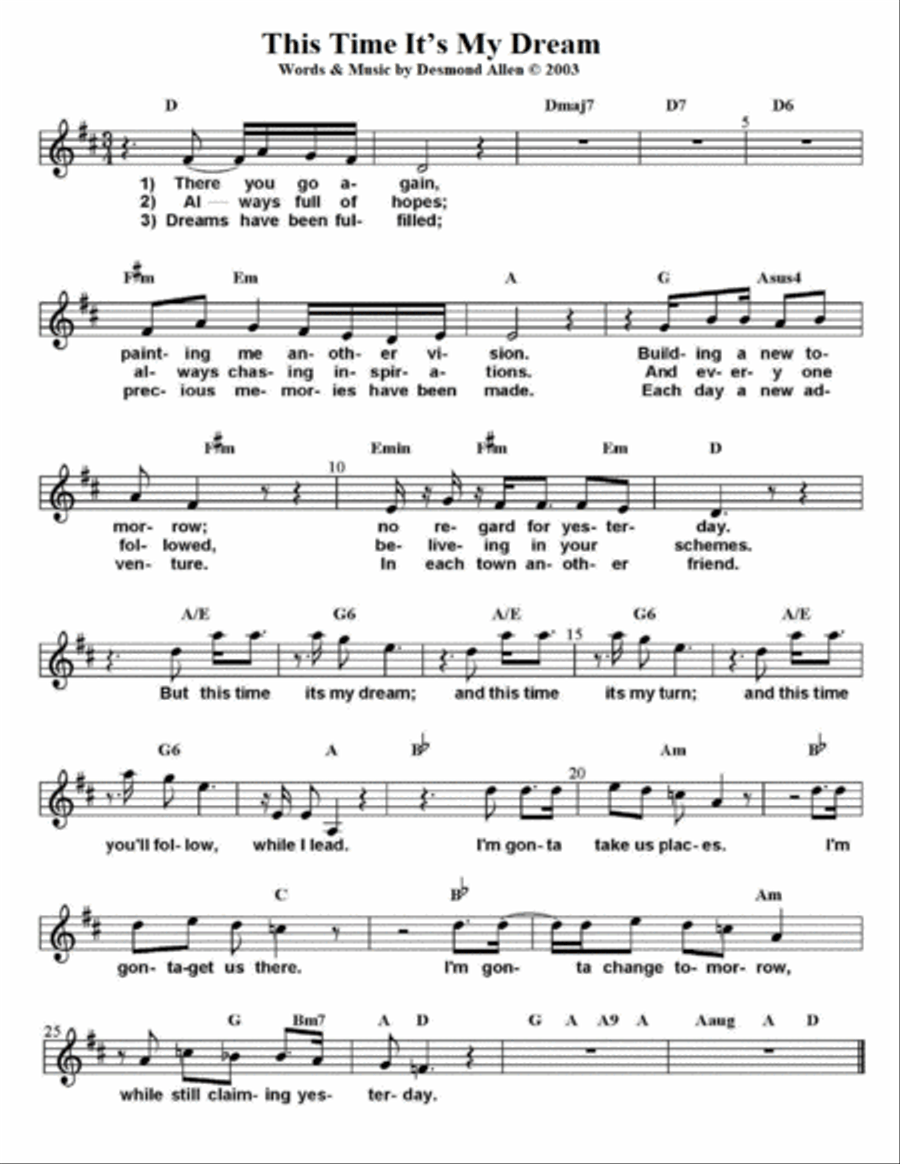 This Time It's My Dream by Desmond Allen Piano, Vocal, Guitar scores gallery preview page 1