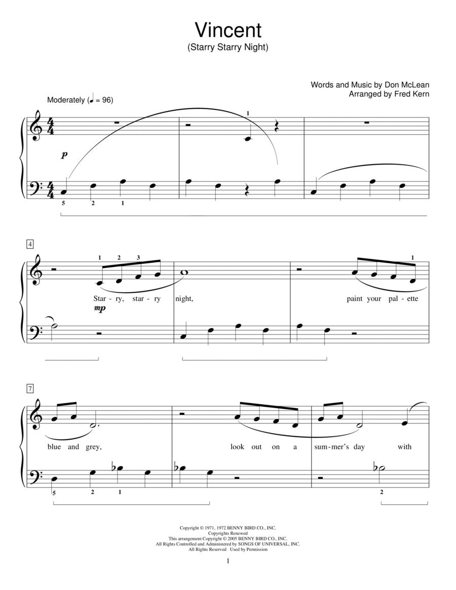 Vincent (Starry Starry Night) (arr. Fred Kern) Piano Method scores gallery preview page 1
