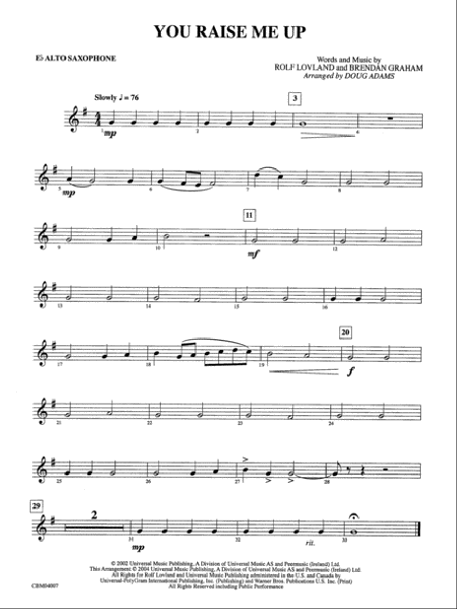 You Raise Me Up: E-flat Alto Saxophone Concert Band scores gallery preview page 1