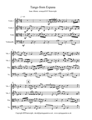 Tango from Espana by Albeniz arranged for string quartet with score, parts, rehearsal letters