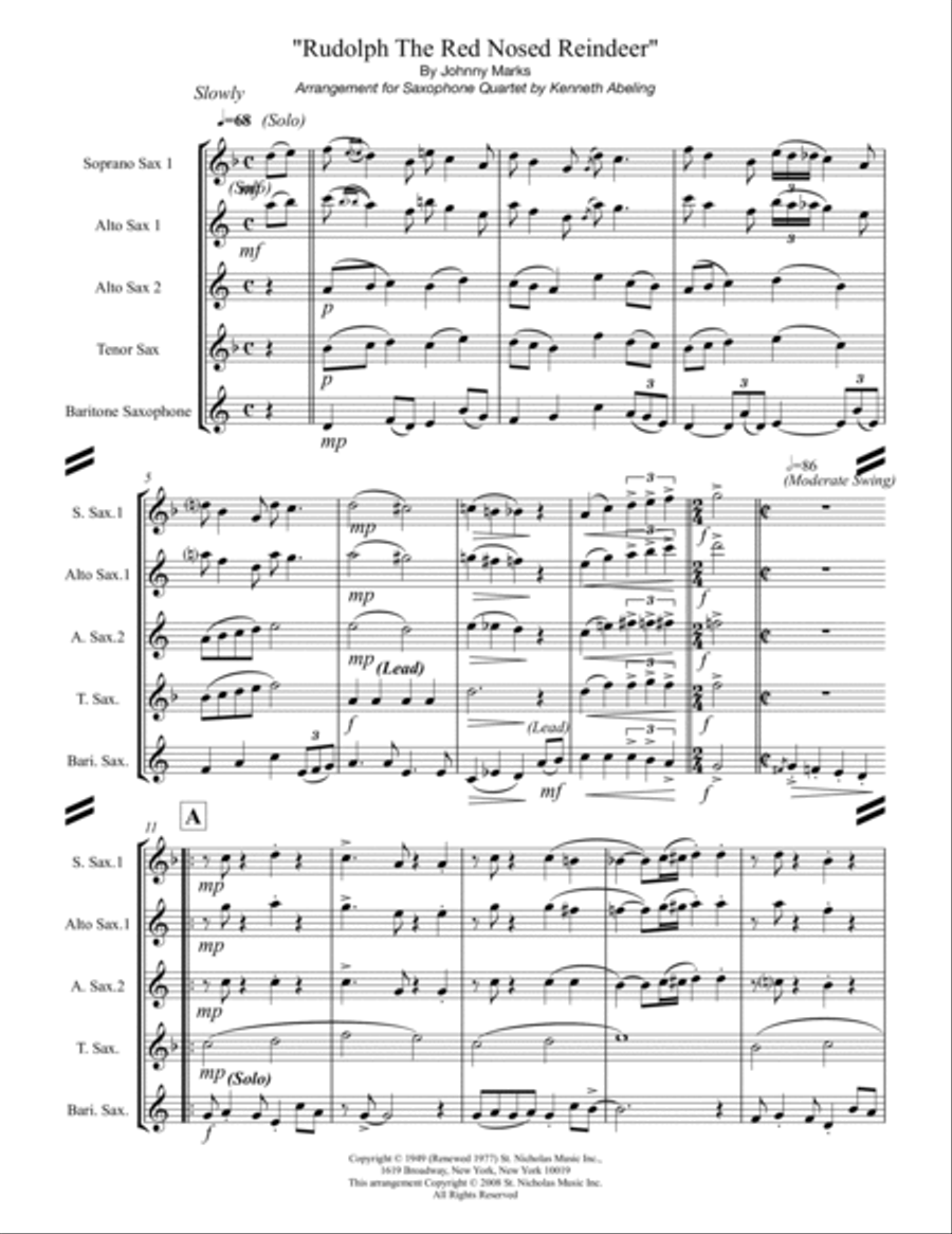 Rudolph The Red-nosed Reindeer Saxophone Quartet scores gallery preview page 2