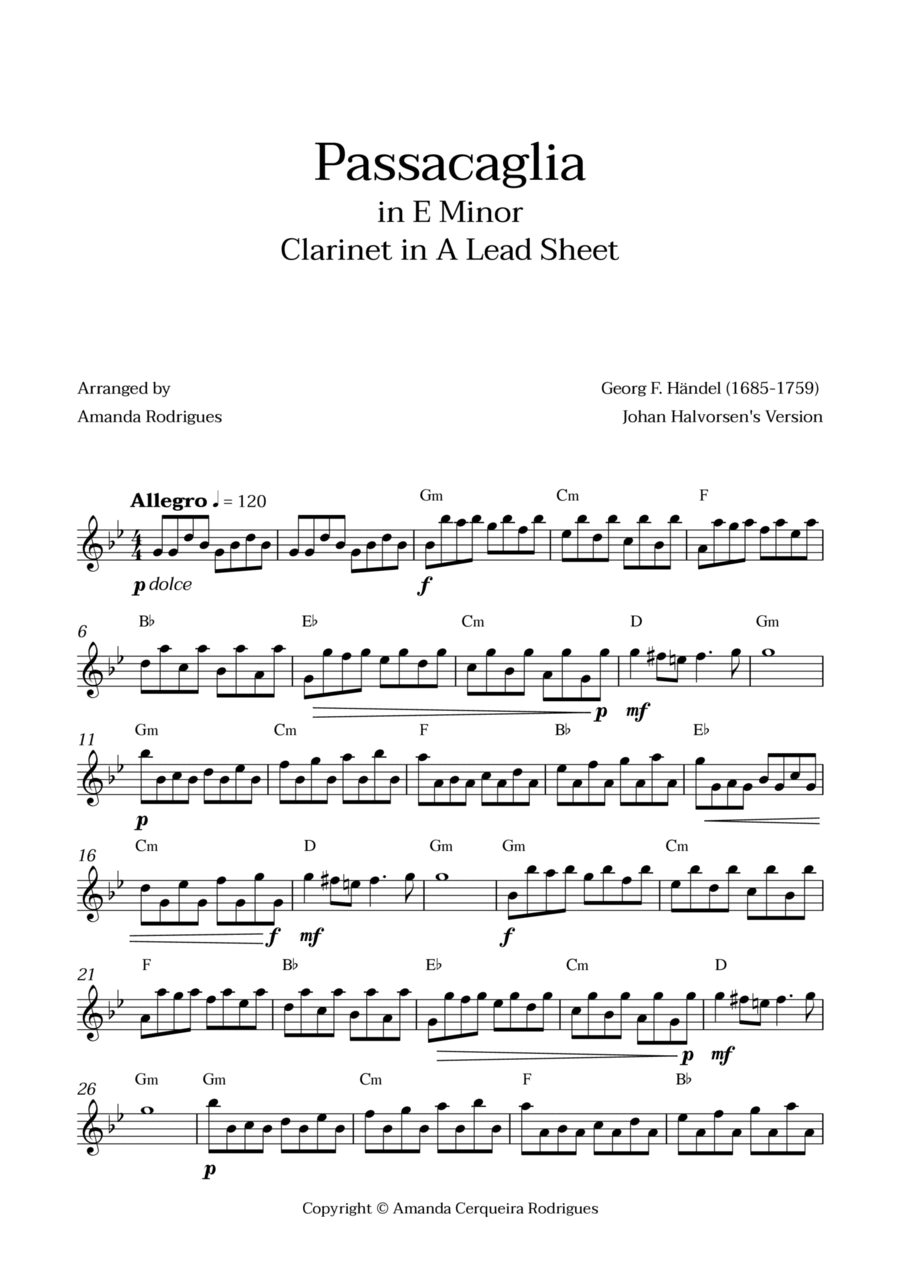 Passacaglia - Easy Clarinet in A Lead Sheet in Em Minor (Johan Halvorsen's Version) A Clarinet scores gallery preview page 1
