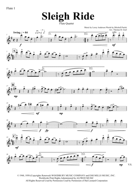 Sleigh Ride - Easy Swing - Flute Quartet