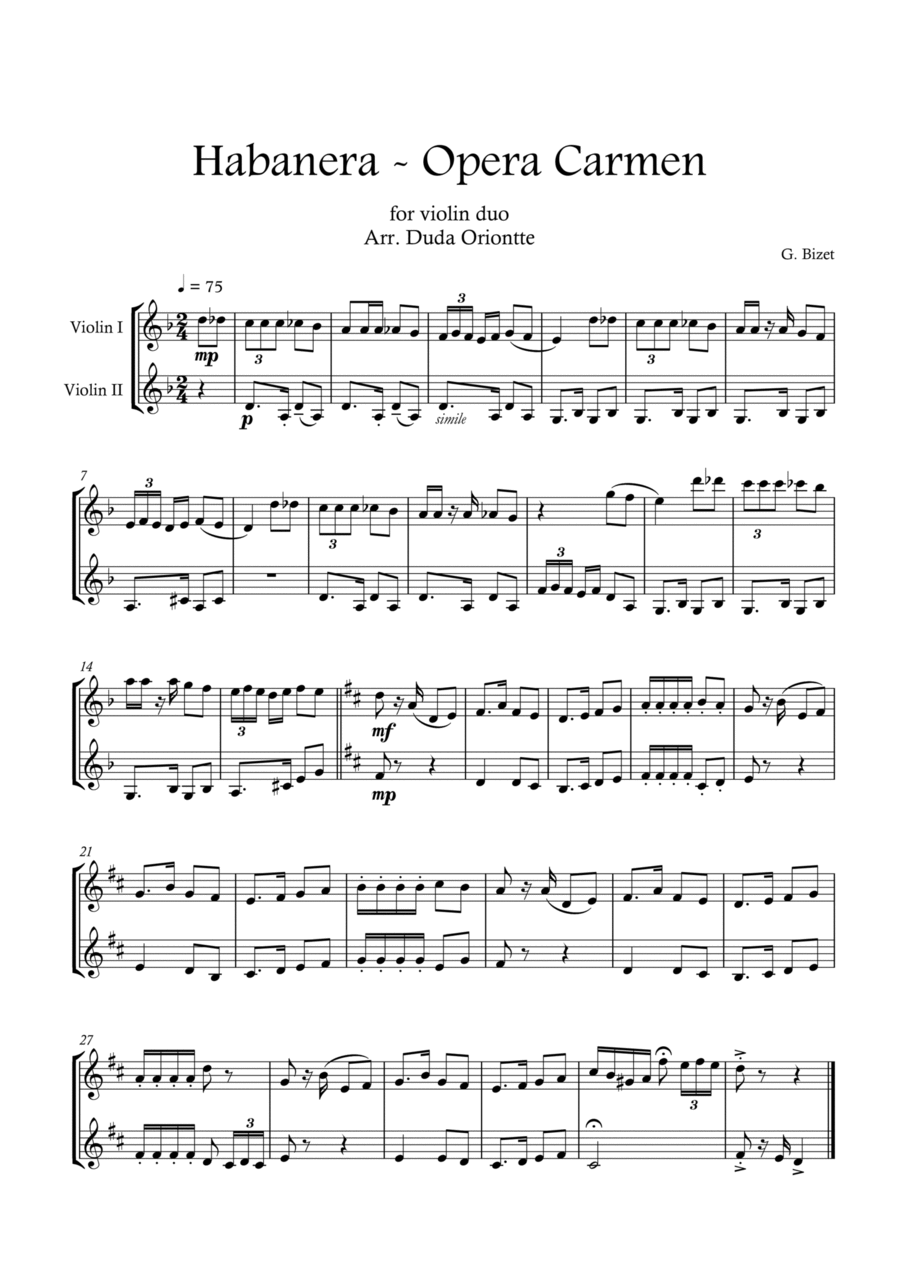 Carmen HABANERA - Bizet ( Violin DUO) Student String Duet scores gallery preview page 1