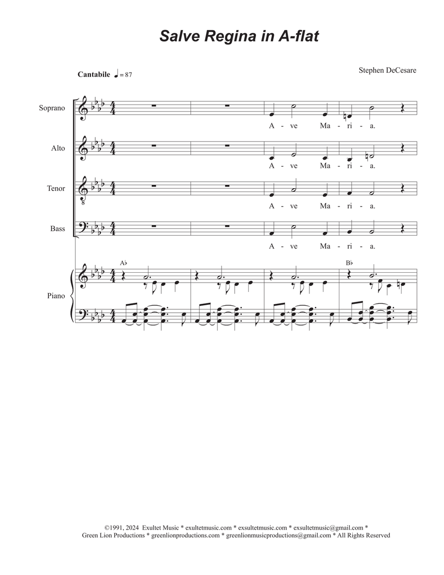 Salve Regina in A-flat (Tenor solo with SATB) 4-Part scores gallery preview page 1
