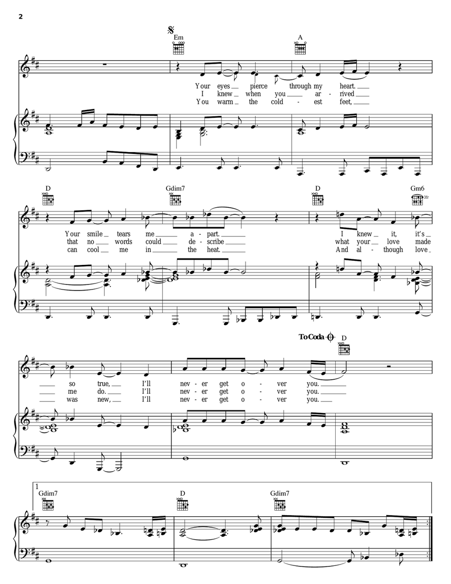 Never Get Over You Piano, Vocal, Guitar scores gallery preview page 2
