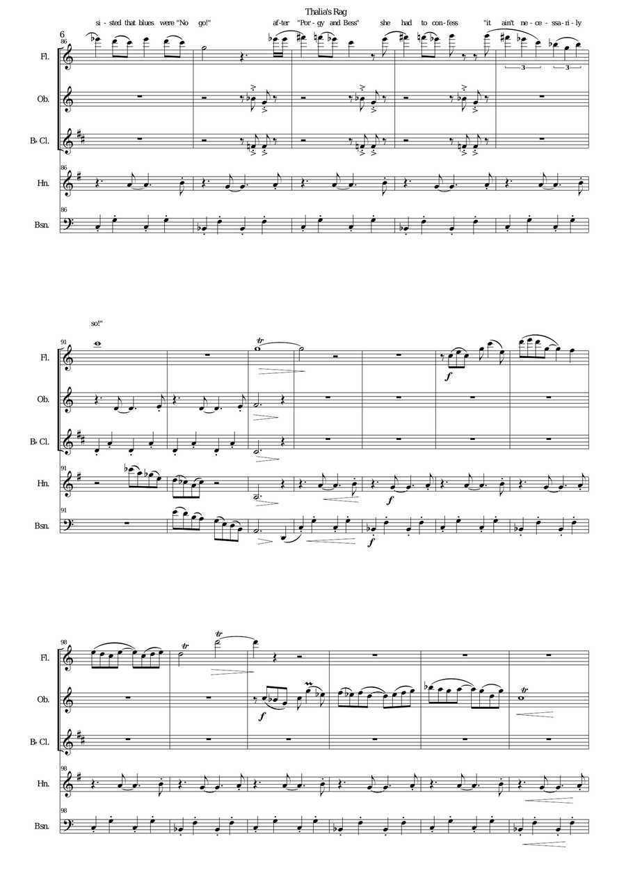 Thalia's Rag (with limericks) for wind quintet and speaker Woodwind Quintet scores gallery preview page 6