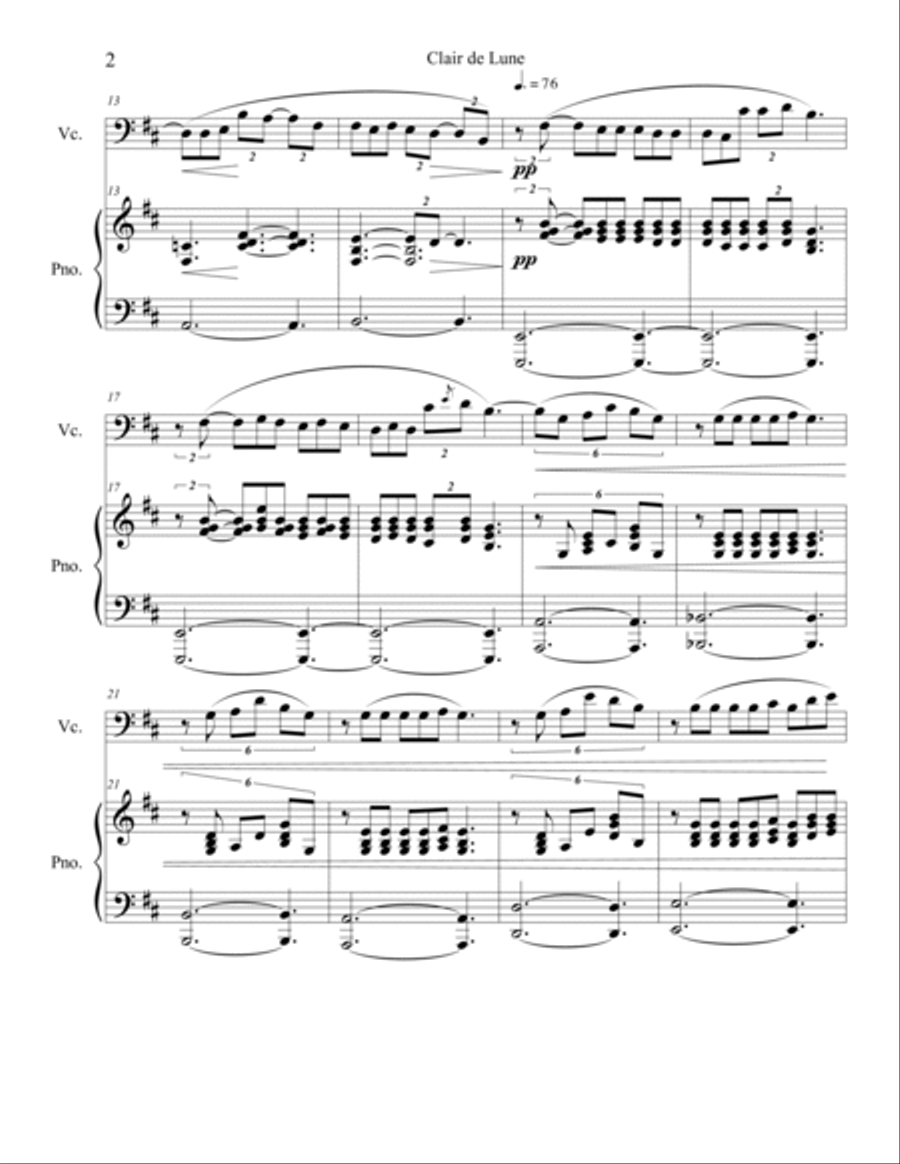 Clair de Lune (Cello Solo) with piano accompaniment Piano scores gallery preview page 2